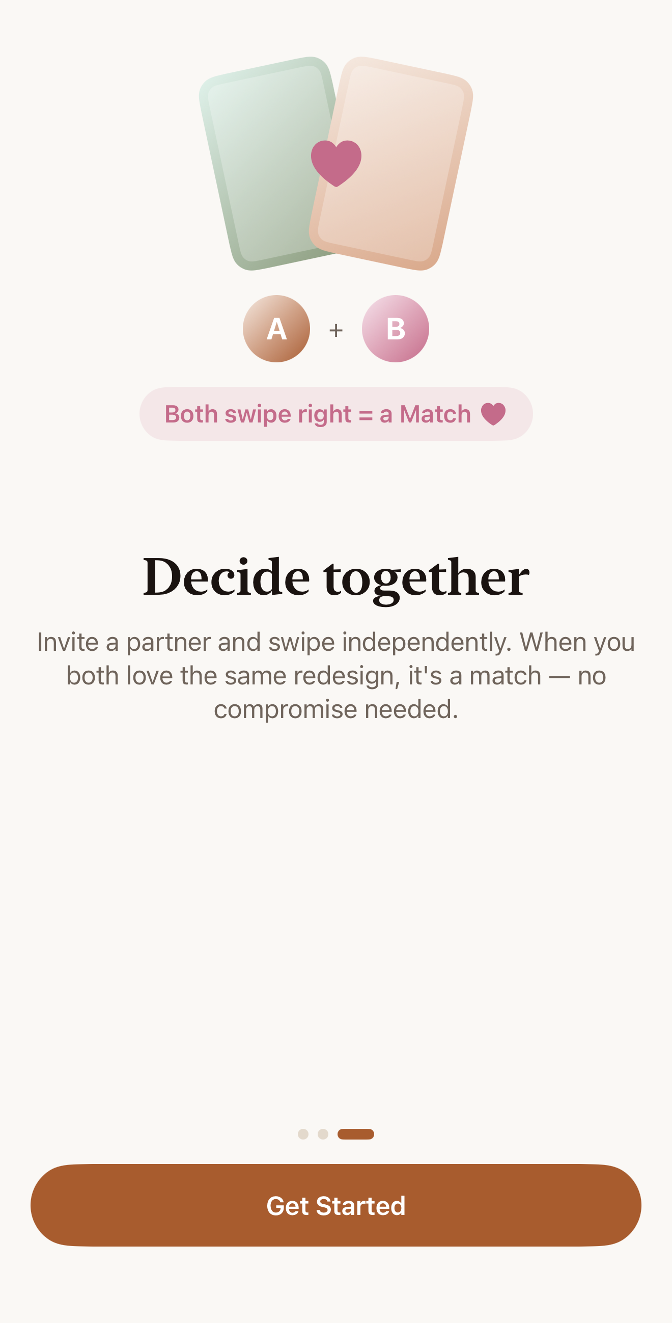 Decide together intro screen: both swipe right equals a match