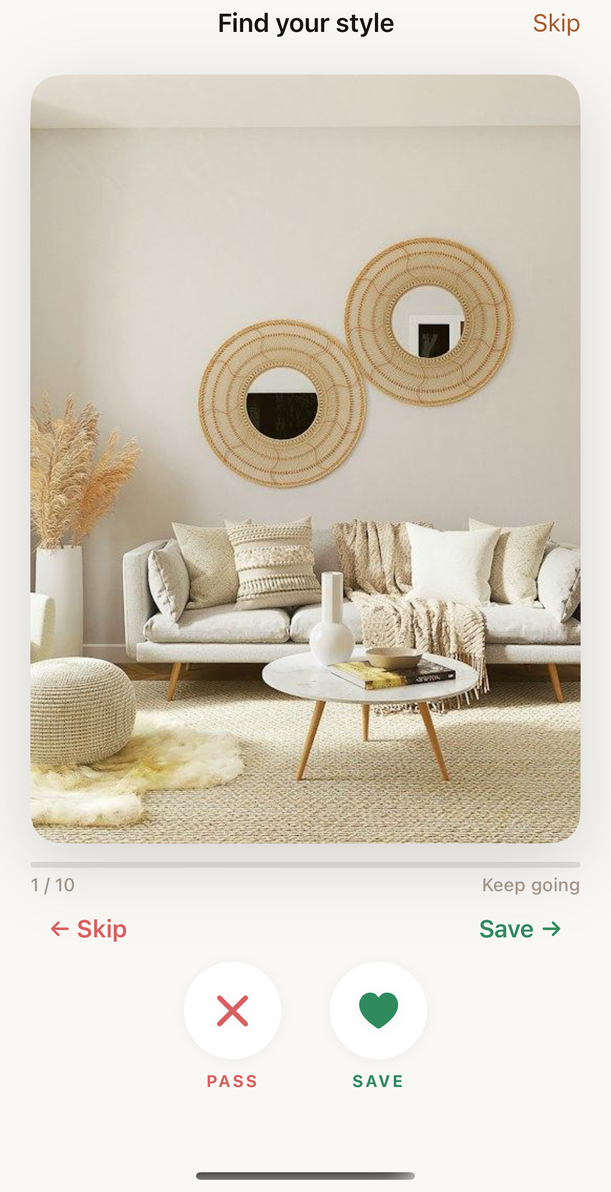 Find your style screen showing a styled Boho living room to swipe