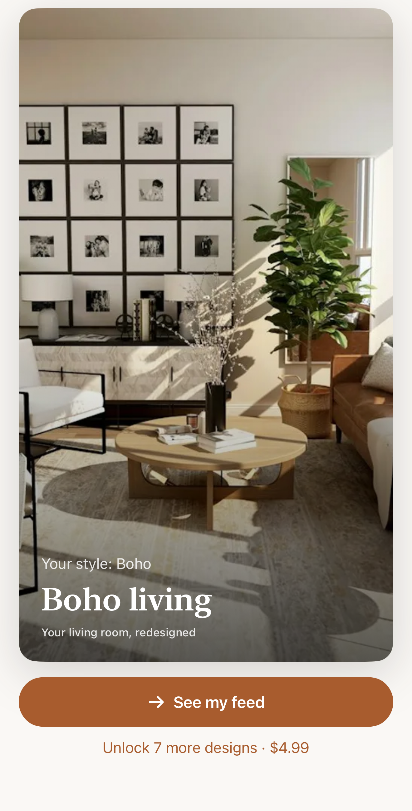 Roomlike reveal screen showing the first redesign, Boho living